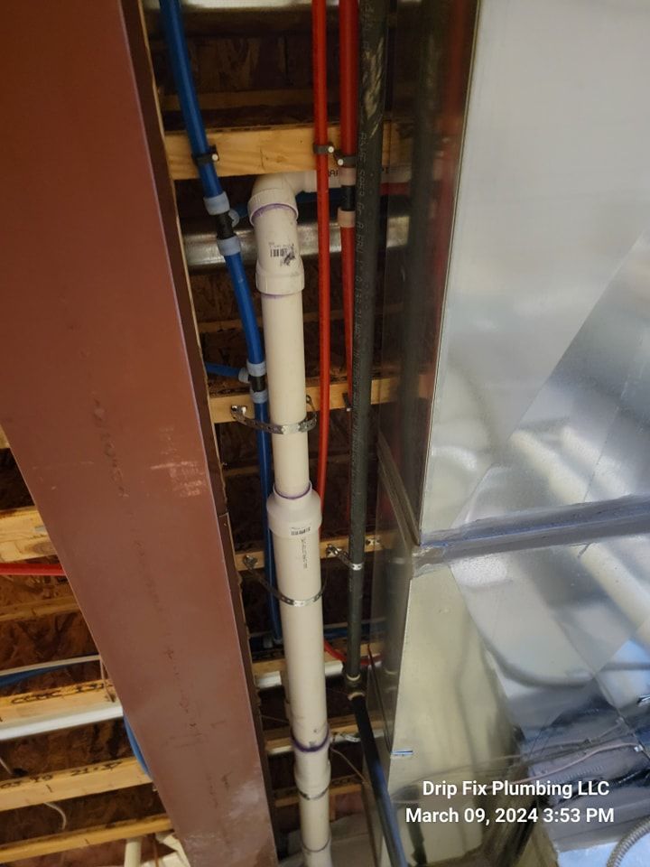 Plumbing pipes, including PVC and PEX, run along a ceiling.