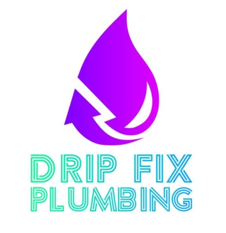 Logo for Drip Fix Plumbing: purple and blue water droplet with arrow, text 