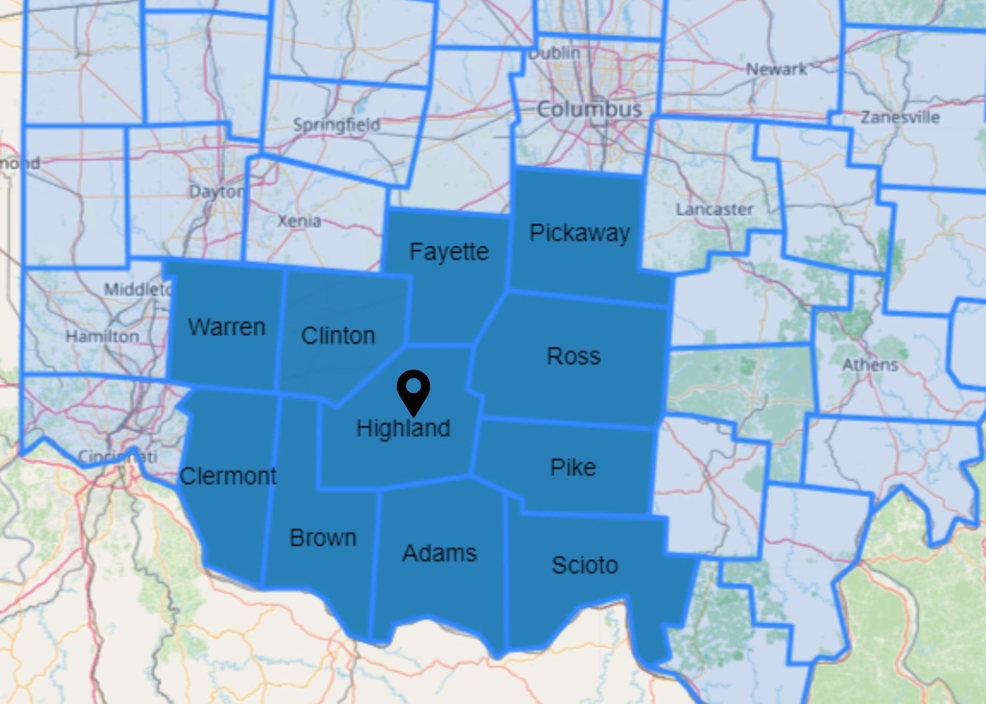 We serve Highland, Brown, Adams, Scioto, Pike, Ross, Fayette, Green, Warren, Clermont, and Clinton county. 