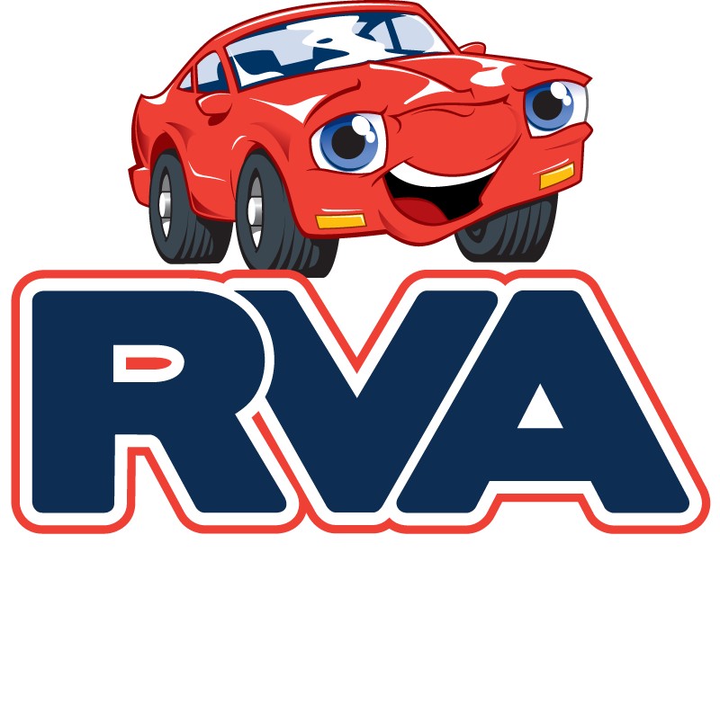 A red car with a smiling face is above the word rva