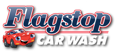 A logo for flagstop car wash with a red car in the background.