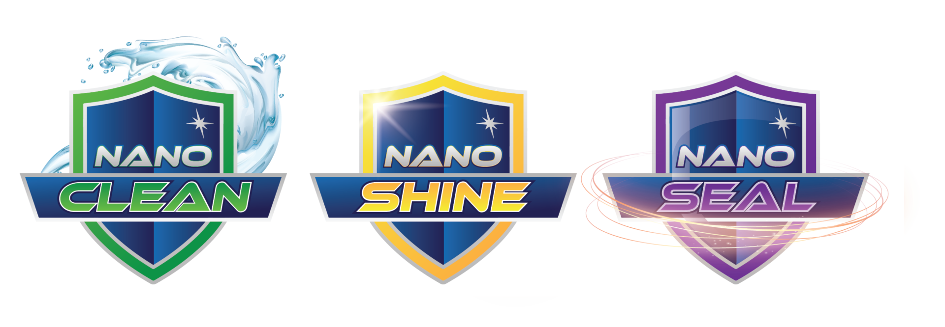 Three logos for nano clean , nano shine , and nano seal.