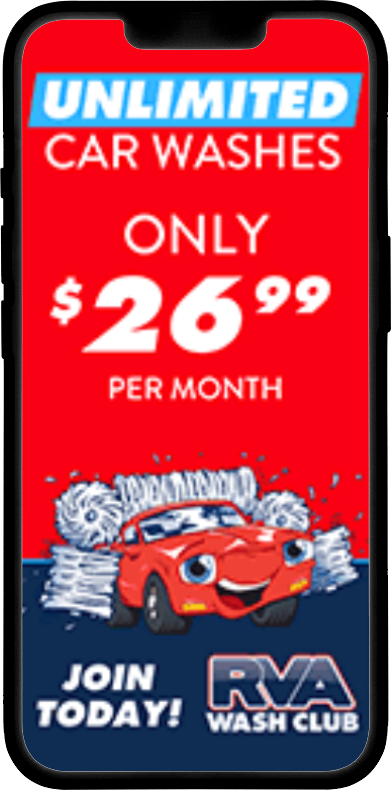 An advertisement for a car wash that says unlimited car washes only $ 26.99 per month.