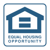 Blue Equal Housing Opportunity logo: house shape with an equal sign inside.