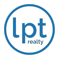 Blue and white logo for LPT Realty, featuring blue initials 