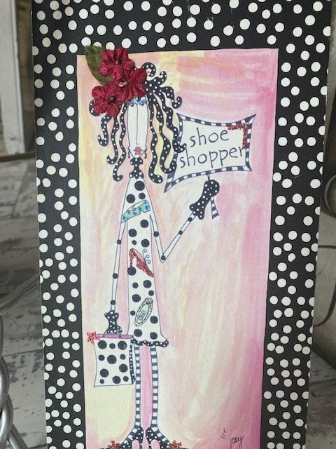 A painting of a woman holding a sign that says shoe shopper