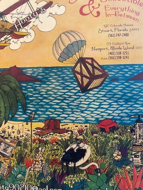 A cartoon drawing of a plane flying over a beach with the words