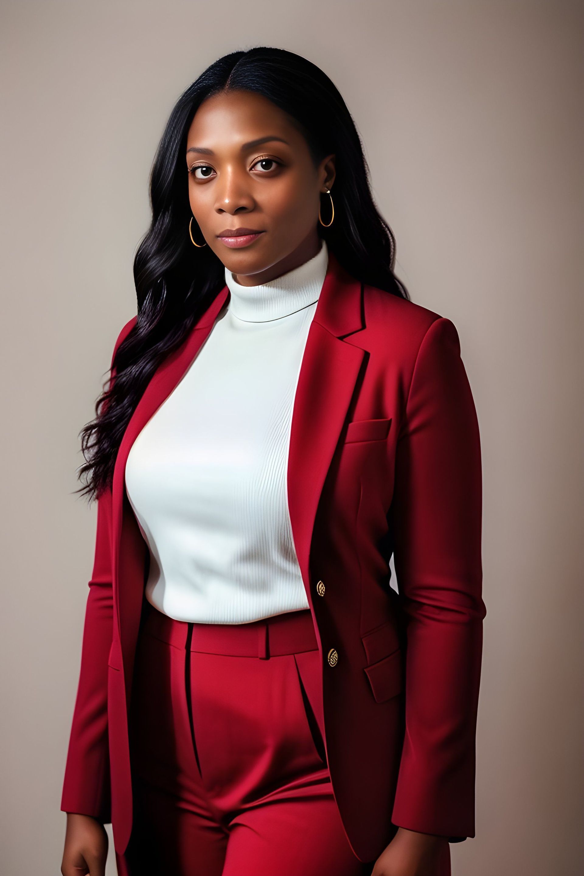 A woman, nancy co-owner of NWL is wearing a red suit and a white turtleneck.