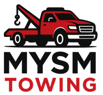 Red tow truck with the text "MYSM TOWING" in black and red.