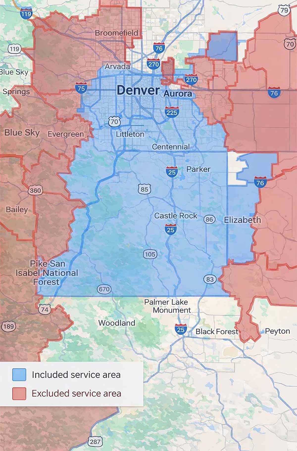 Map showing Denver area service zones, with blue representing included areas and red representing excluded areas.