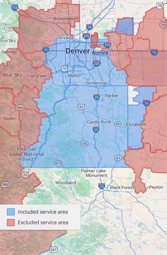 Map showing Denver area service zones, with blue representing included areas and red representing excluded areas.