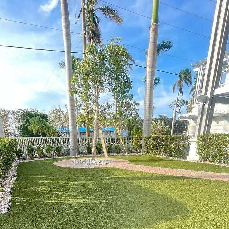 Lush green lawn with a brick pathway and small tree, surrounded by hedges and palm trees. Bright blue sky.