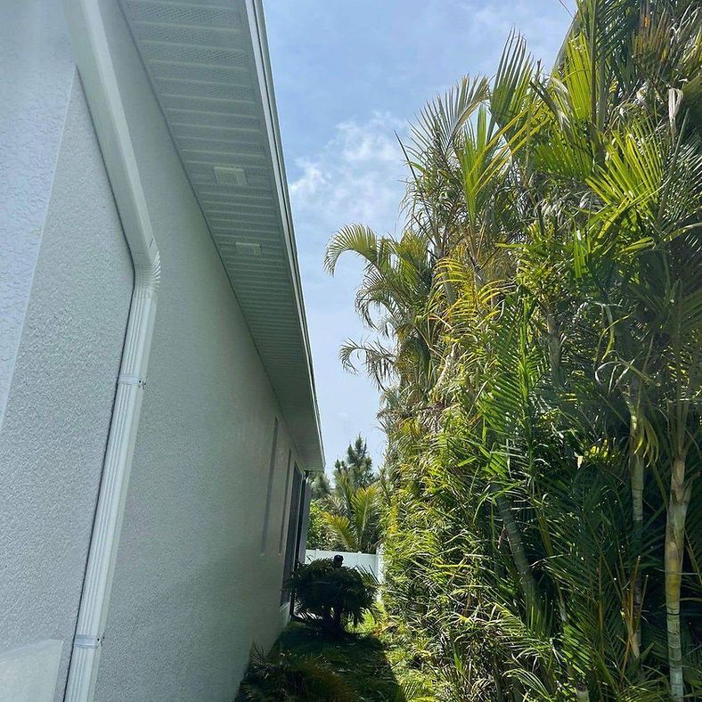 Side of a white building with a gutter and palm trees to the right, under a partly cloudy blue sky.