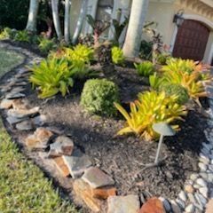 A landscaped garden bed with green and yellow plants, edged with rocks, next to a house.