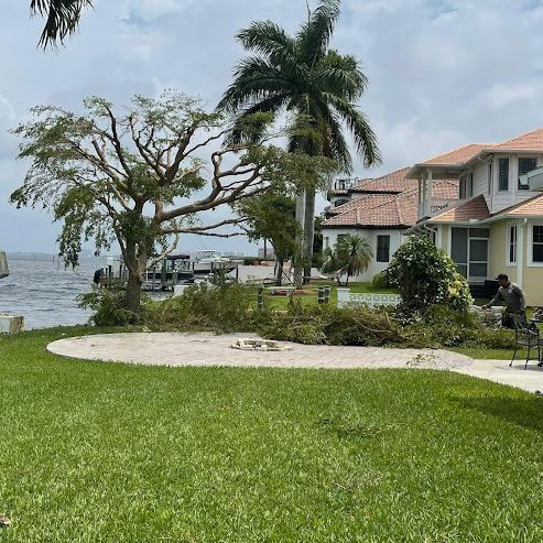 Lush green lawn with a sandy area, leading to a waterfront view with a house and palm trees under a cloudy sky.