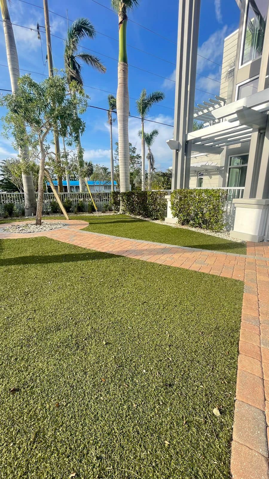 A brick pathway through a grassy area leads towards a building with palm trees in the background under a blue sky.