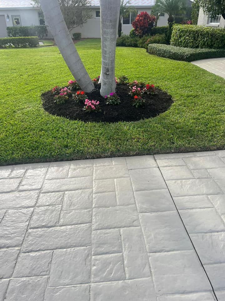 Circular flower bed with pink flowers surrounds a tree in a grassy lawn.