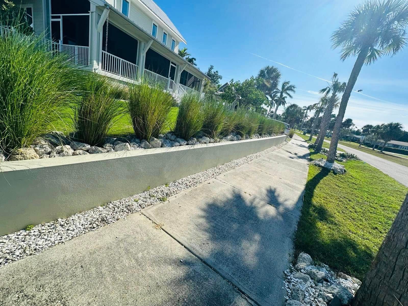 A paved walkway next to a gray retaining wall with green shrubs and small rocks.