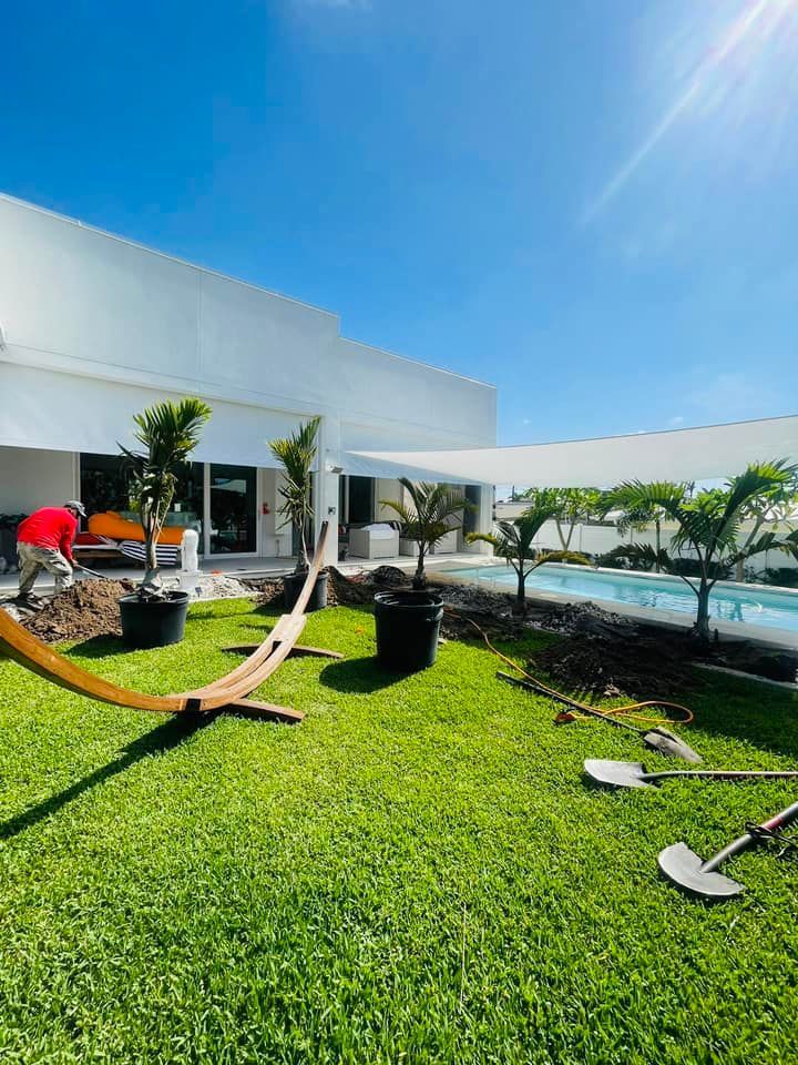 Backyard with a pool, lush green lawn, and a modern white building.