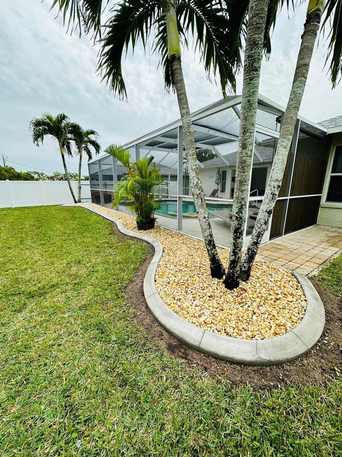 A backyard with a screened pool, palm trees, and a rock garden bordered by concrete. Green grass surrounds the garden.