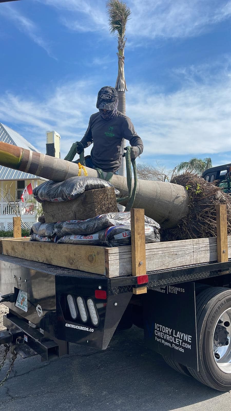Man in work clothes on a truck bed loaded with a tree trunk and debris; sunny day.