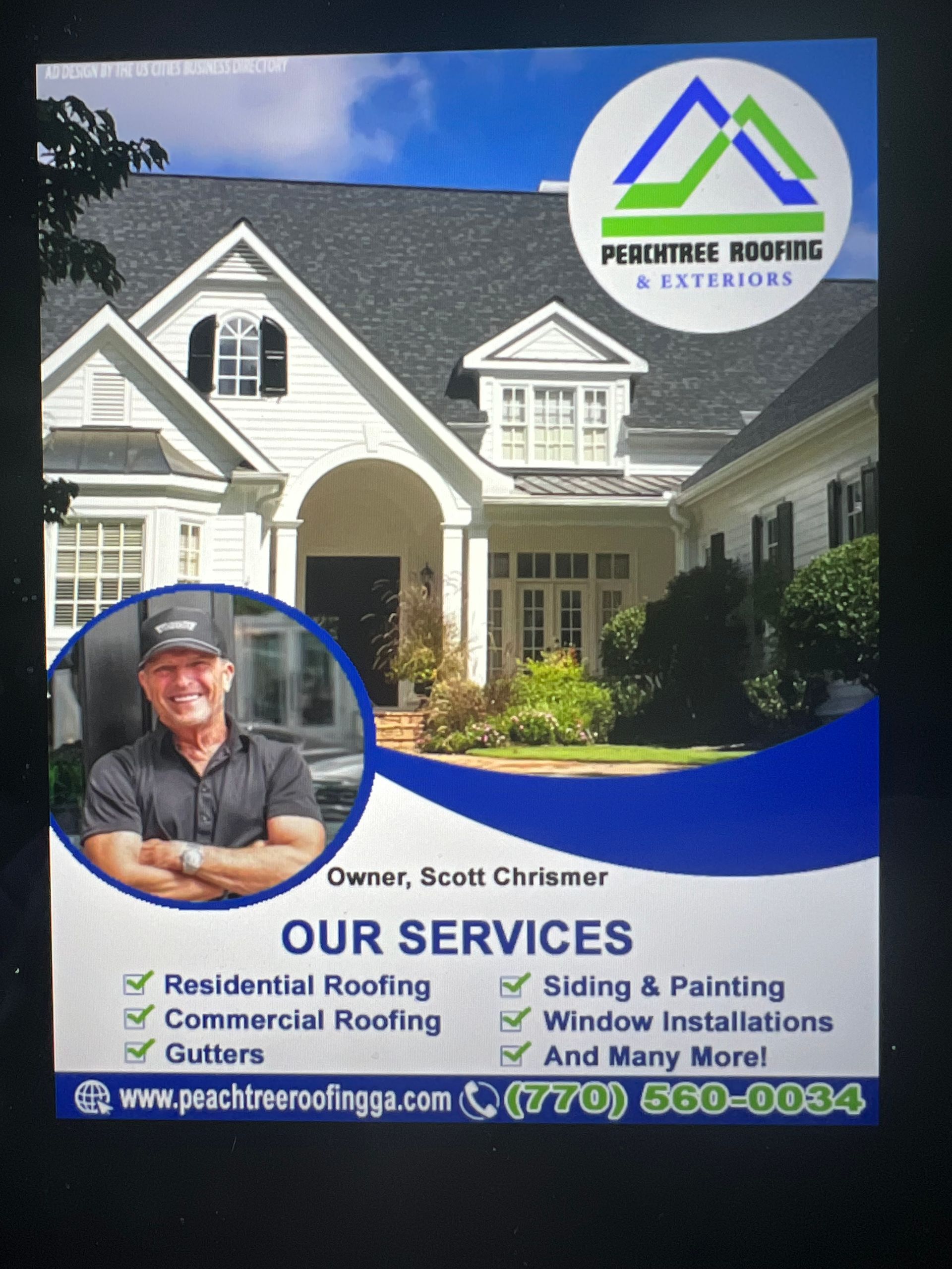 A flyer for peachtree roofing and exteriors