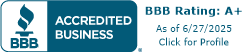 A blue and white sign that says bbb accredited business