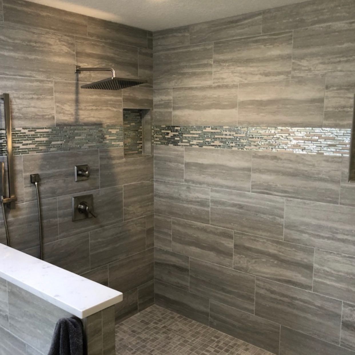 Tile shower, rain head, decorative liner tile