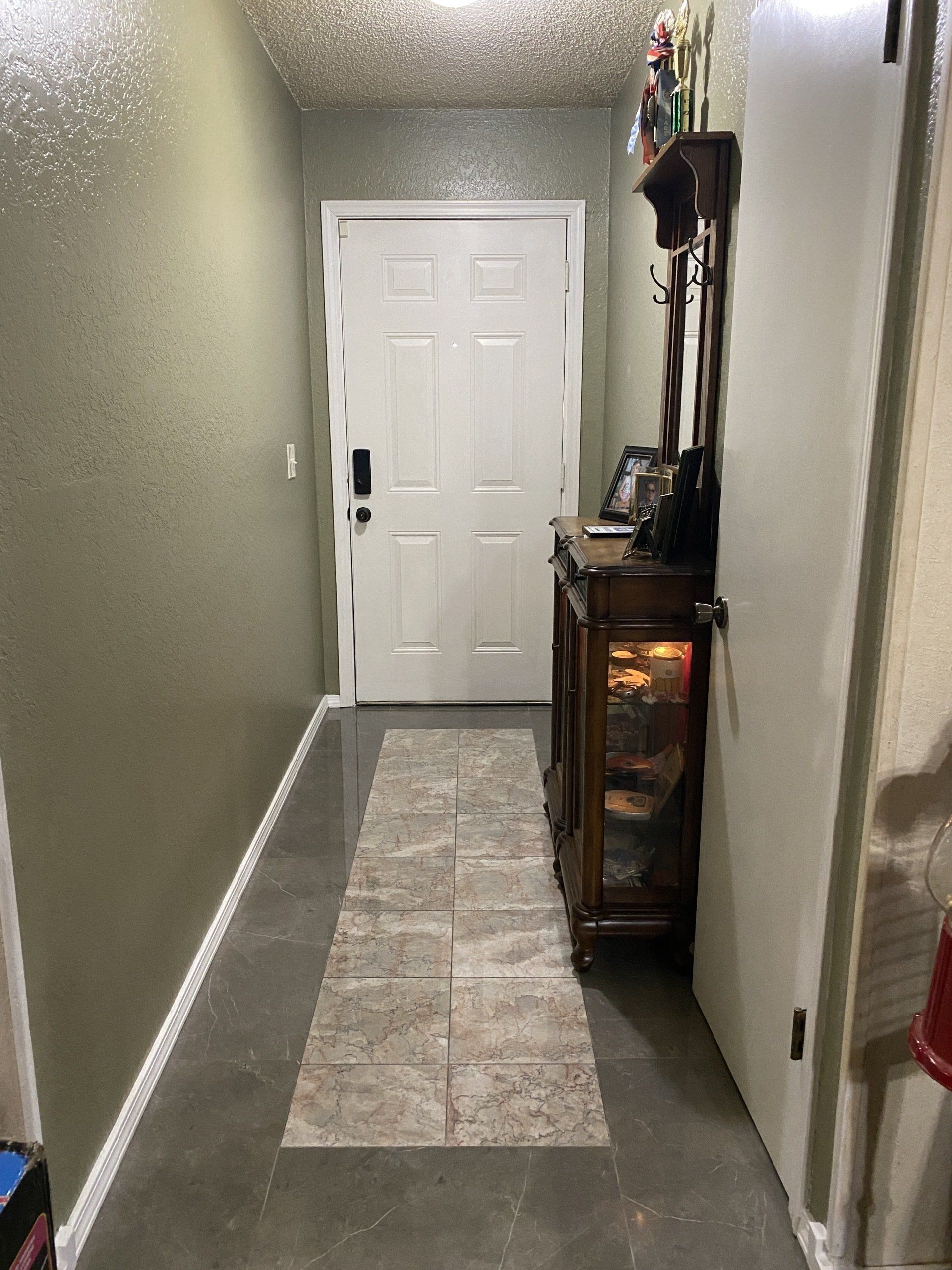A hallway in a house with a white door and a rug.