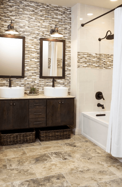 Bathtub tile, shampoo shelf, backsplash and floor tile