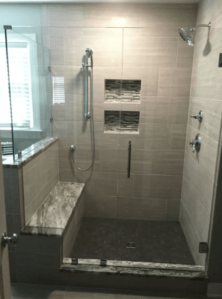 Shower ceramic tile installation, shampoo shelf