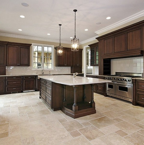 Natural stone tile flooring, versailles pattern.