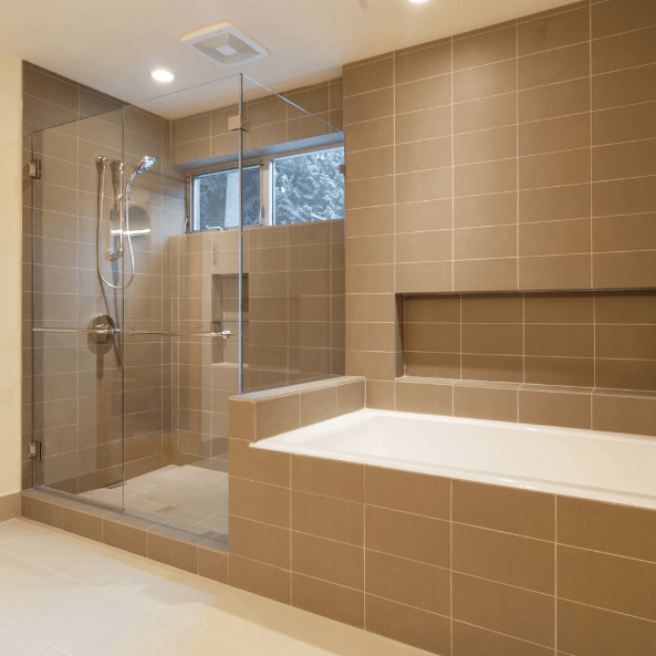 Tile flooring, bathtub, shower, shampoo shelf
