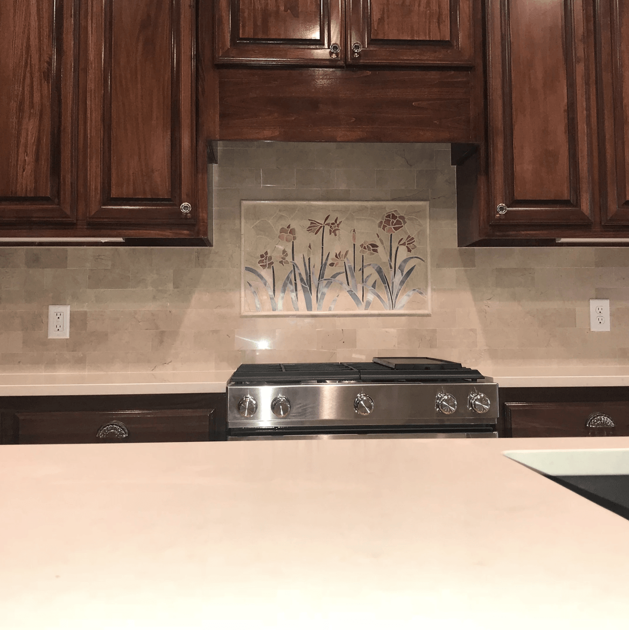 Marble tile backsplash, decorative mural