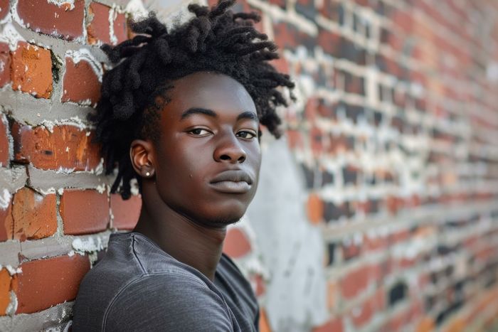 A person with dark skin and dreadlocks leans against a brick wall, looking towards the camera.