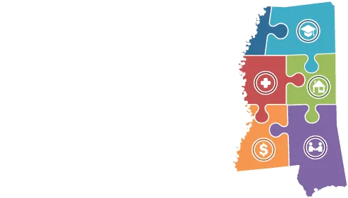 Logo: Institute for the Advancement of Minority Health. Mississippi map made of puzzle pieces; blue text.