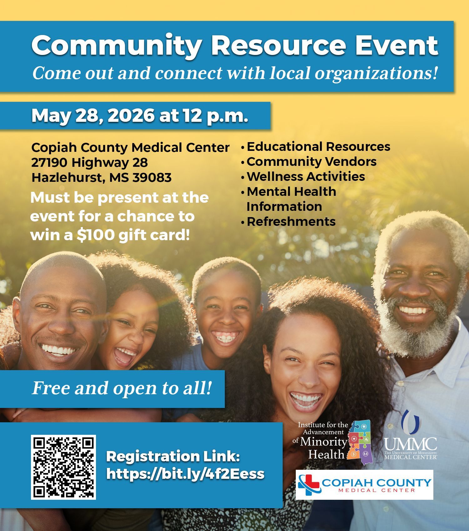 Community Resource Event flyer with date, time, location, registration QR code, and smiling people on blue background