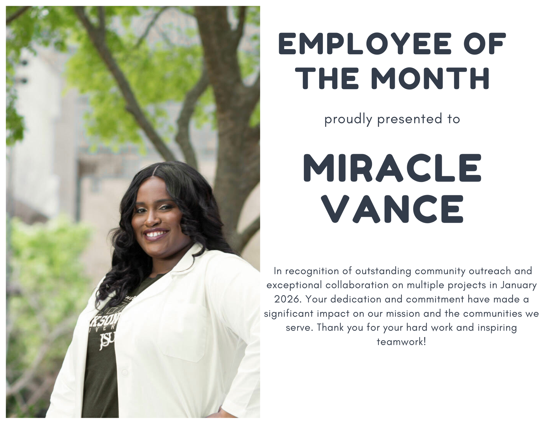 Miracle Vance Employee of the Month