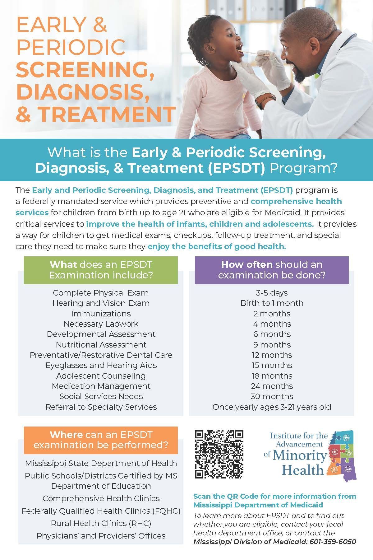 A healthcare worker examining a child's mouth. Text discusses the Early & Periodic Screening, Diagnosis, & Treatment (EPSDT) program.