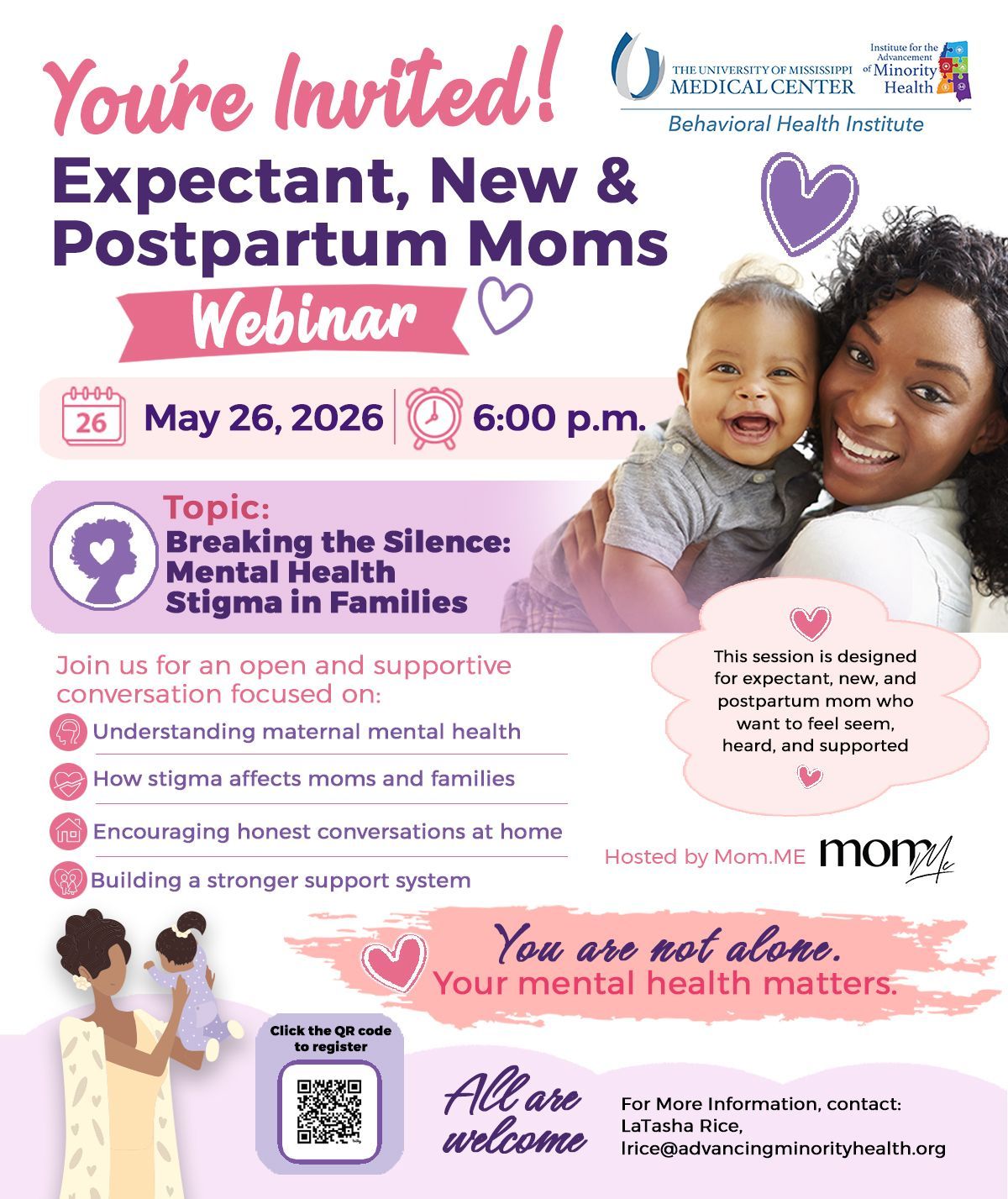 Webinar flyer on maternal mental health for expectant, new and postpartum moms, May 26, 2026, 6:00 pm