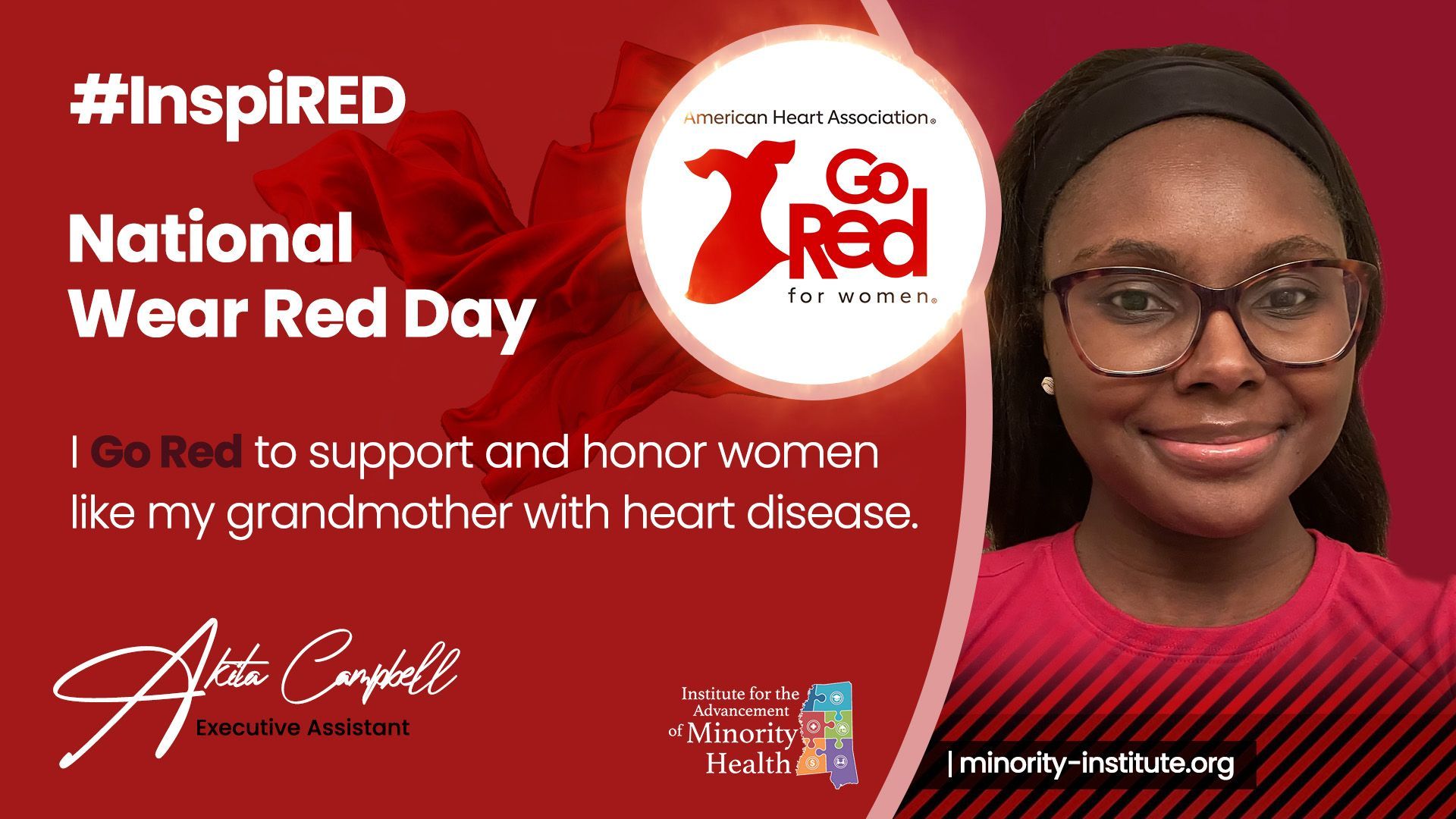 Woman wearing red glasses and shirt for National Wear Red Day, supporting women with heart disease.
