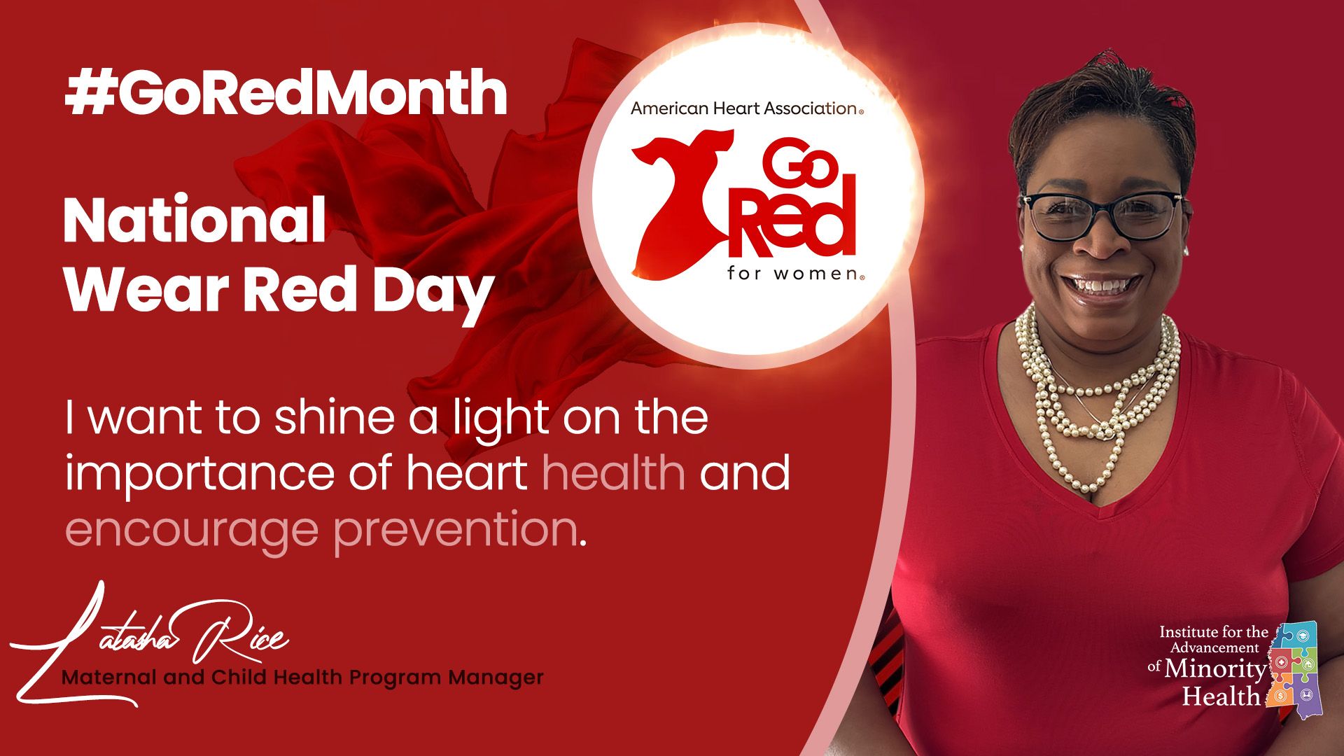 Woman in red shirt and necklaces; promoting heart health awareness for National Wear Red Day.