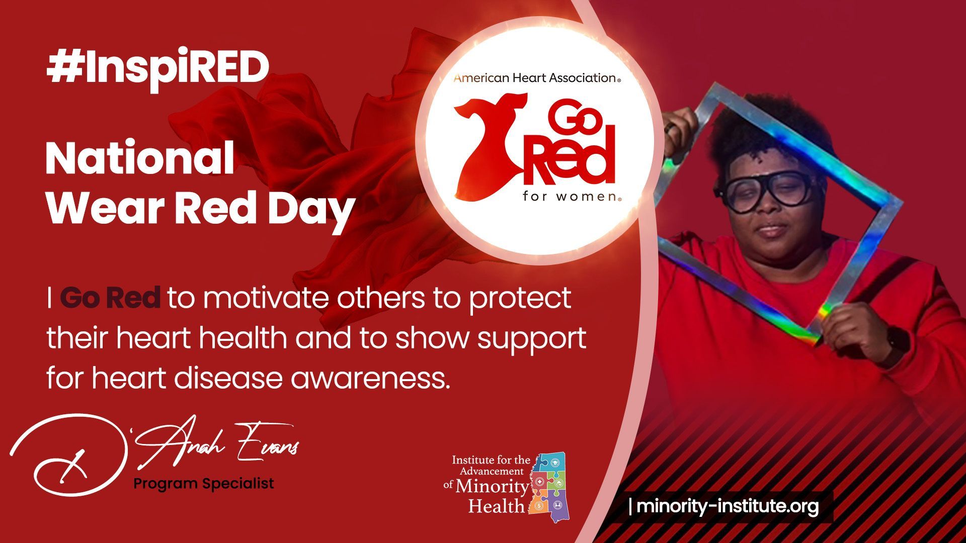 Woman in red sweater holds colorful frame for National Wear Red Day.