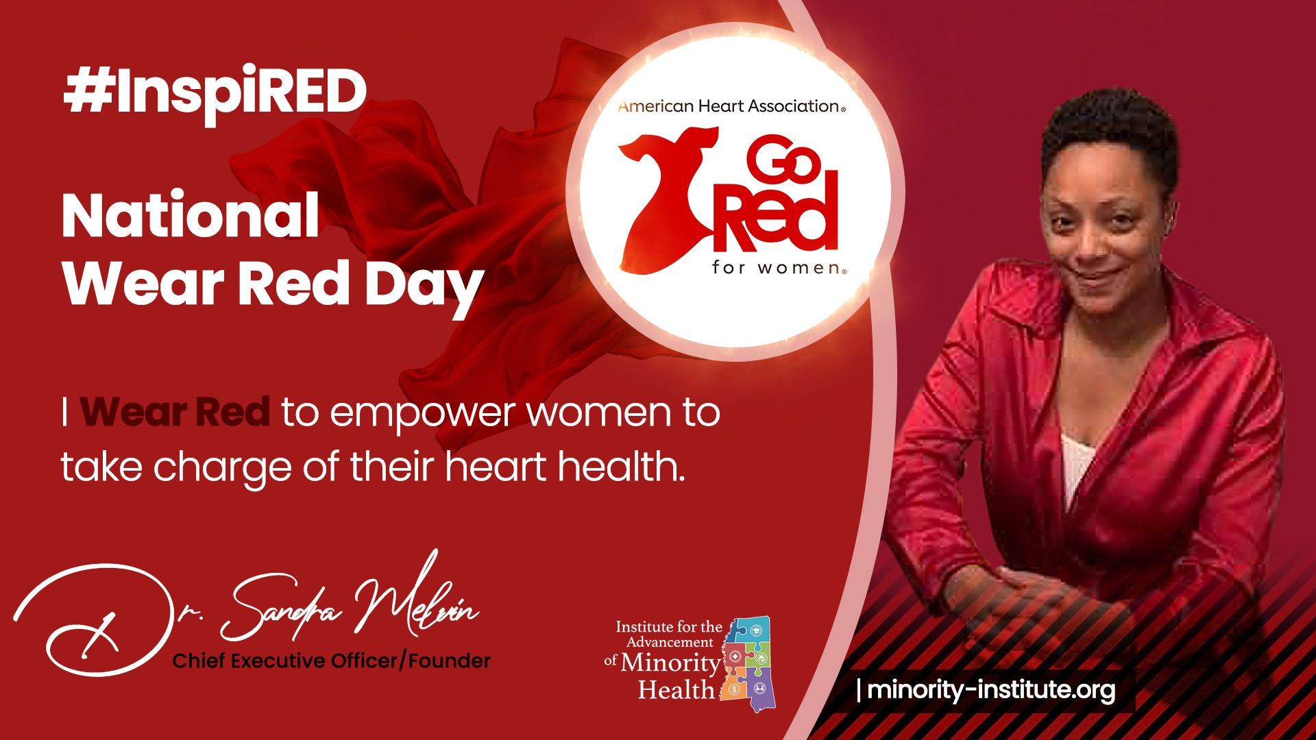 Promotional graphic for National Wear Red Day. A woman in a red blazer promotes heart health awareness. Dr. Melvin