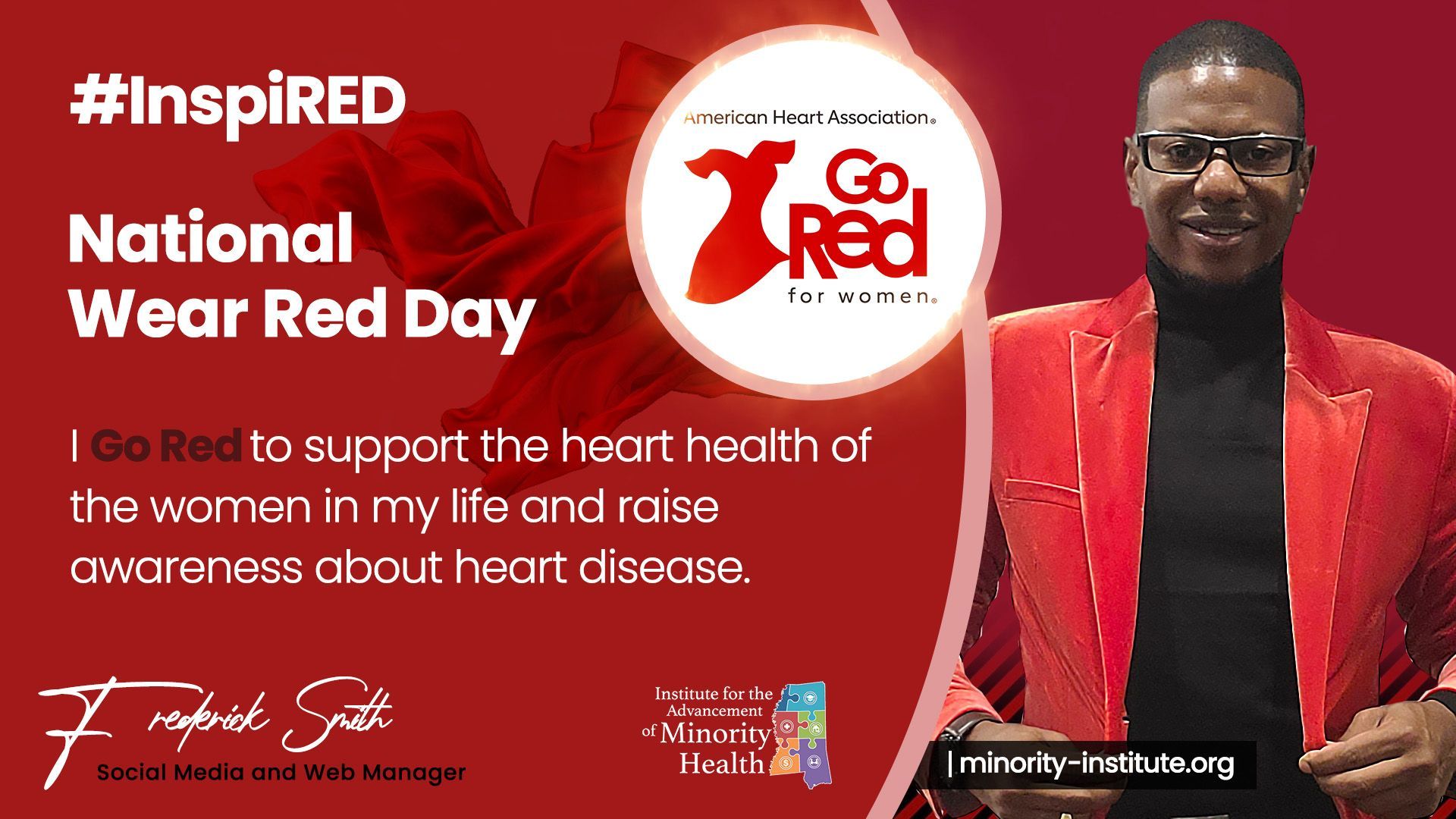 Man wearing red for National Wear Red Day to support women's heart health and raise awareness. Frederick Smith