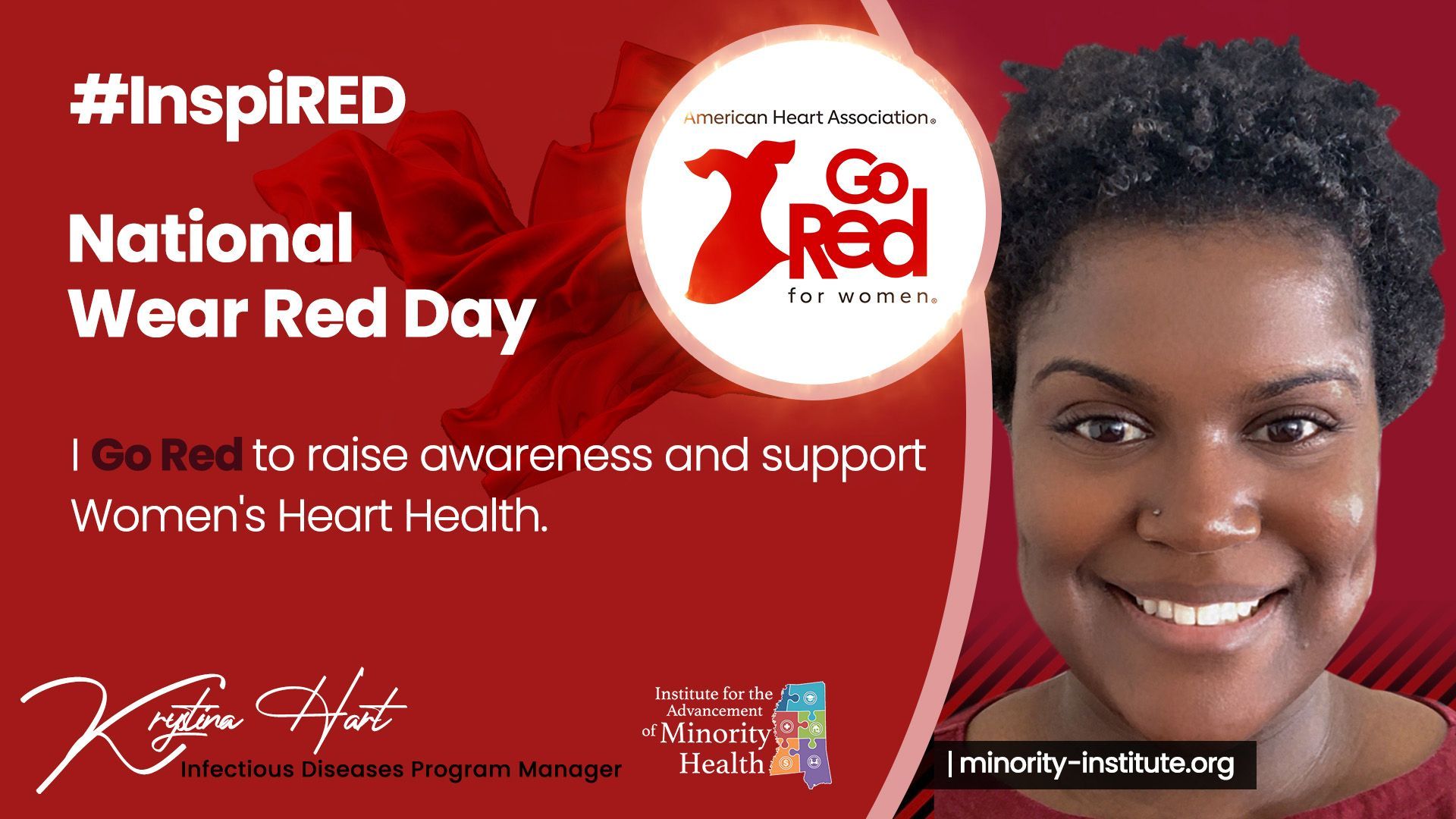 National Wear Red Day promotion featuring a woman smiling, red background, and the words 