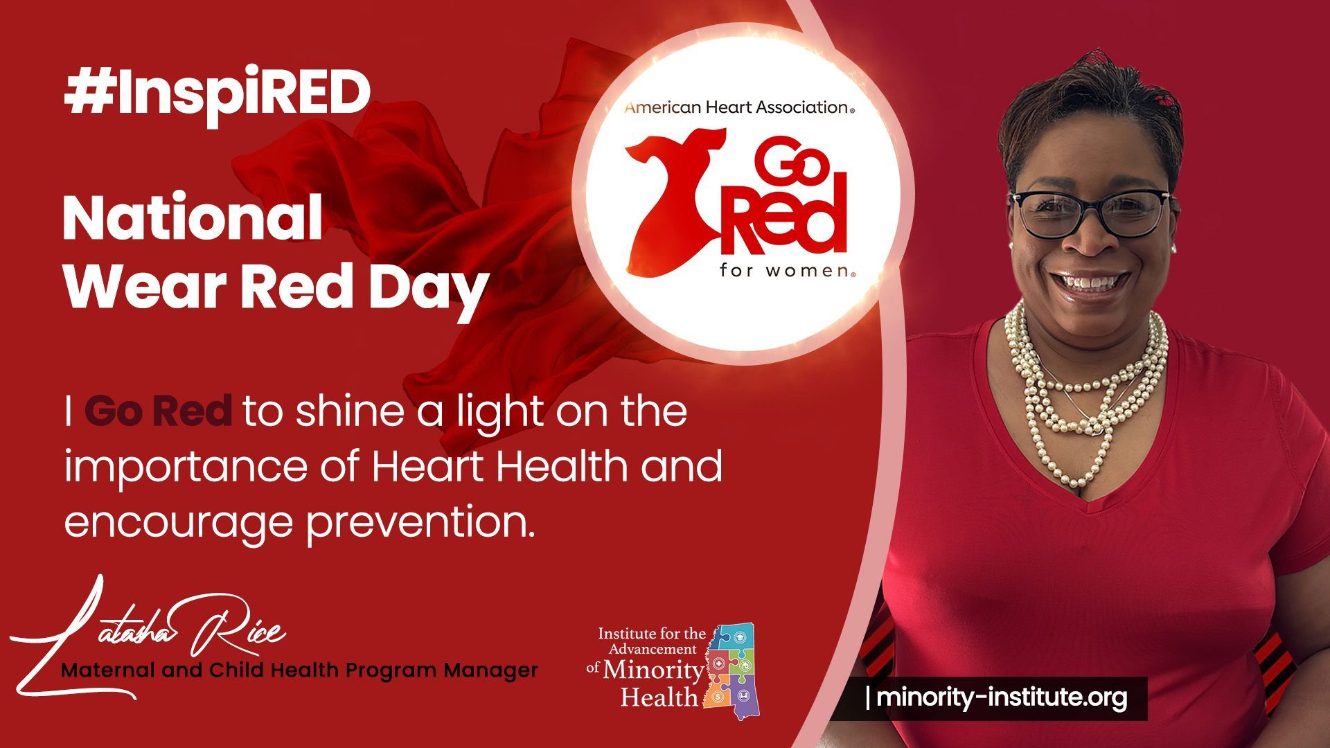 Woman wearing red for National Wear Red Day to promote heart health.