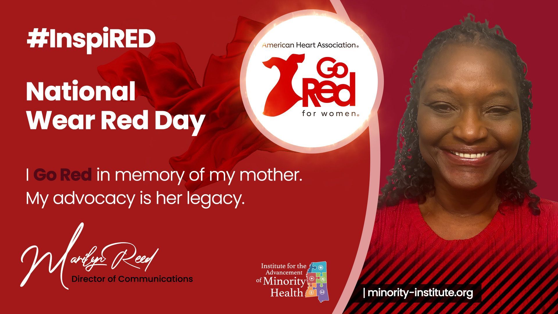 Woman in red smiling, part of National Wear Red Day campaign; 