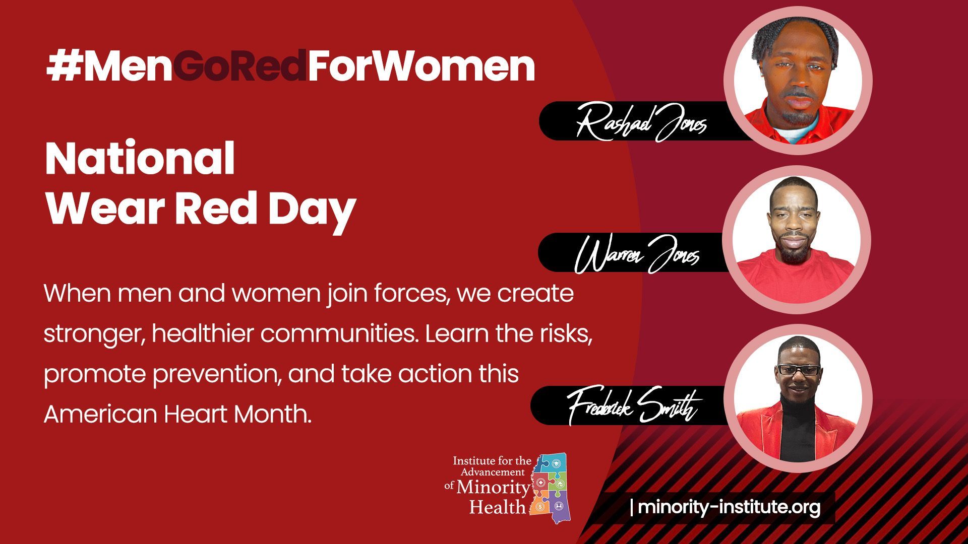 Men in red shirts supporting National Wear Red Day to promote heart health.