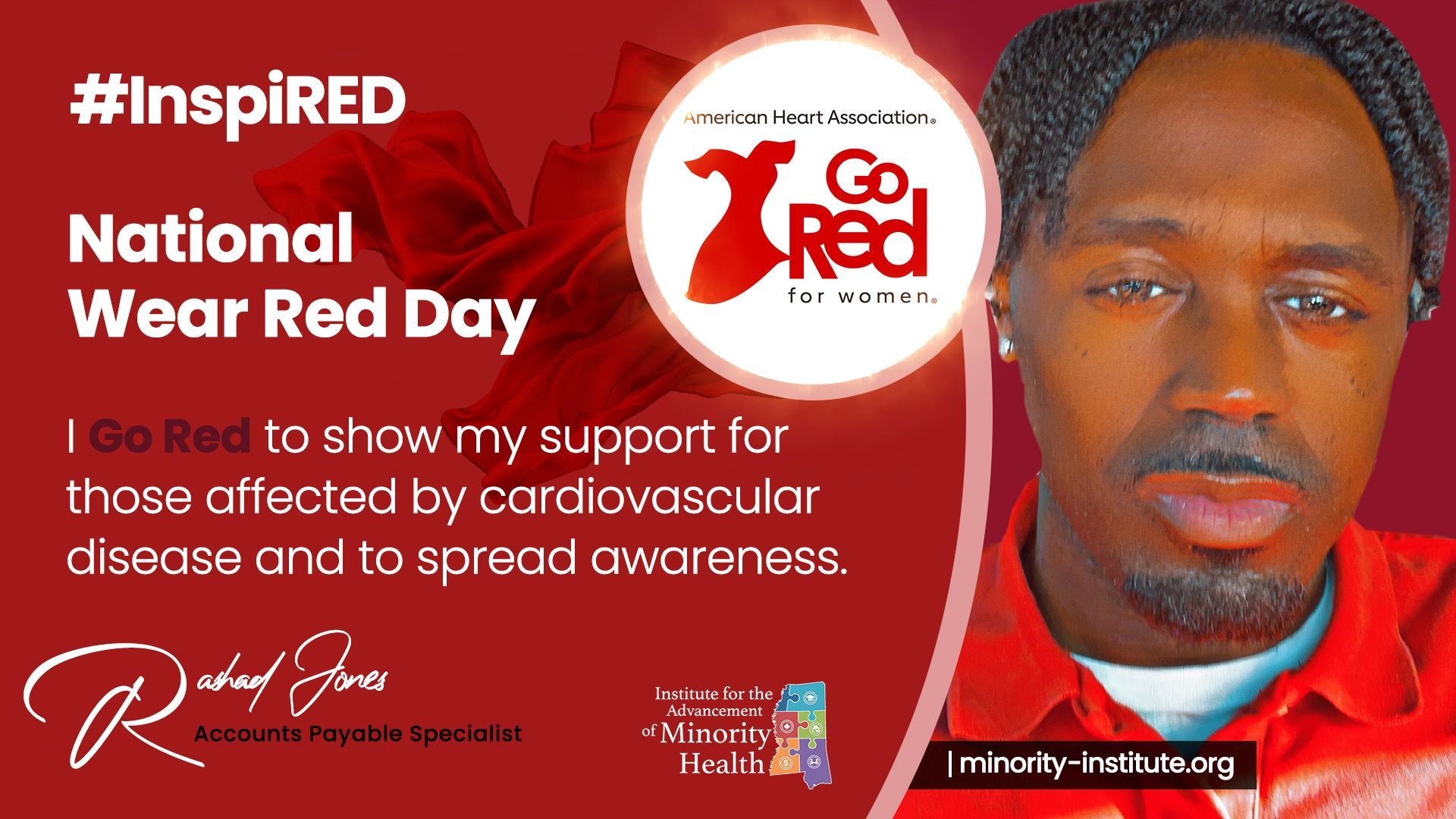 Man wearing red, promoting National Wear Red Day to raise cardiovascular disease awareness.